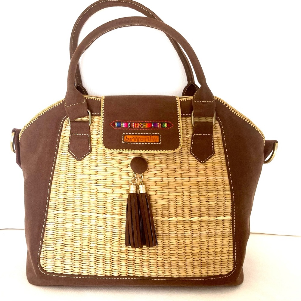 Women’s suede and rattan handbag